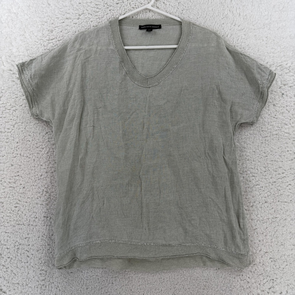 Saks Fifth Avenue Blouse Womens Small Green Linen V Neck Short Sleeve Top Italy
